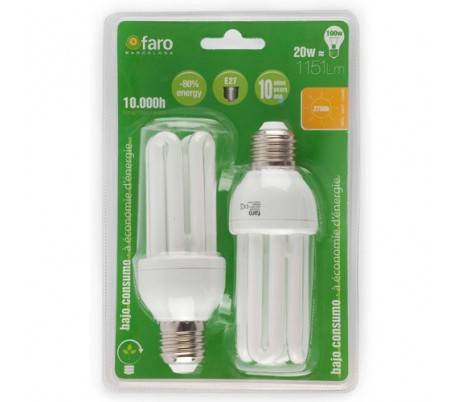 Blister 2 ampoules E27 20W 2700K 15000h 4 tubes à faible